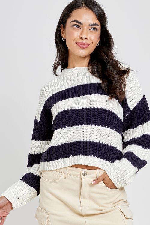 Tricô Feminino Manga Longa Listrado Azul e Branco