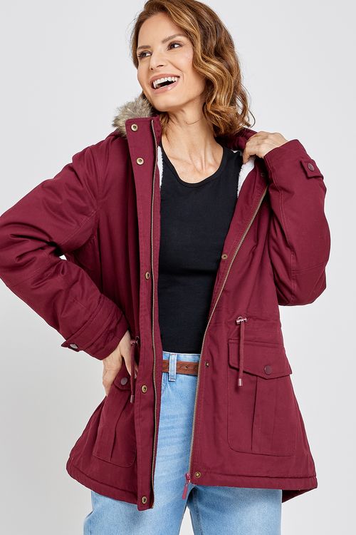 Parka Feminina com Capuz e Pelo Vermelho Escuro