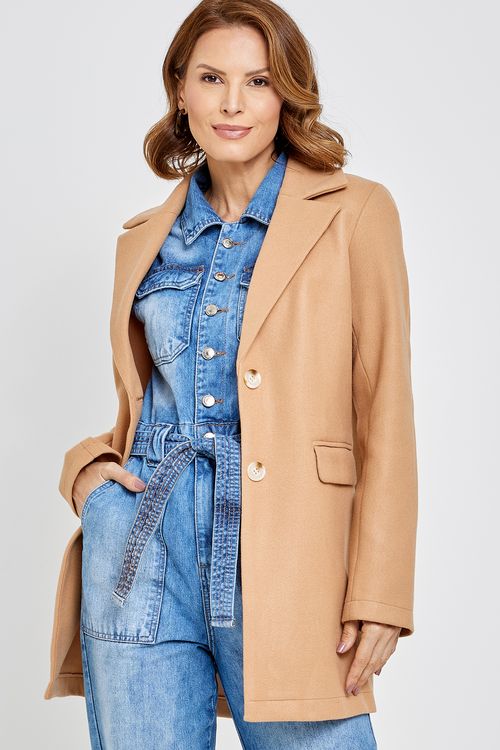 Casaco Feminino Alongado em Fake Wool Bege