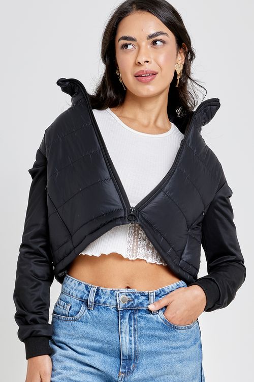 Jaqueta Puffer Cropped Feminina Preta Acolchoada Losangos