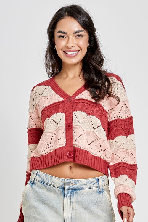 Cardigan Feminino Cropped Vermelho Rosa e Bege