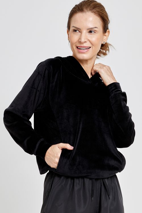 Blusão Plush Feminino com Capuz Preto