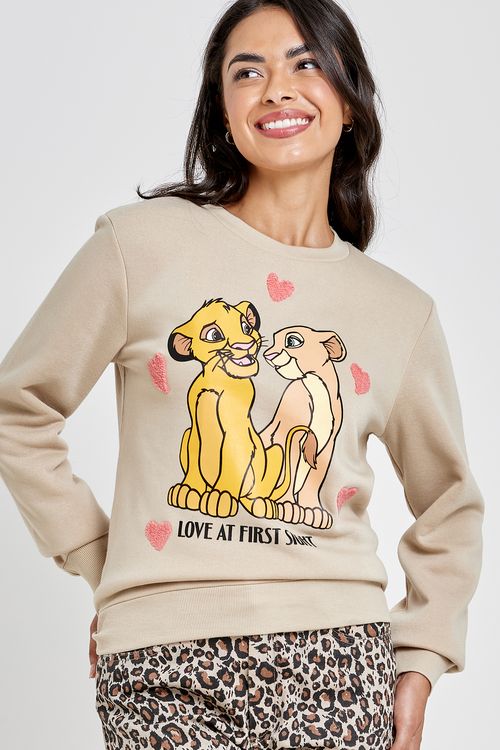 Blusão Moletom Feminino Simba e Nala Bege Claro