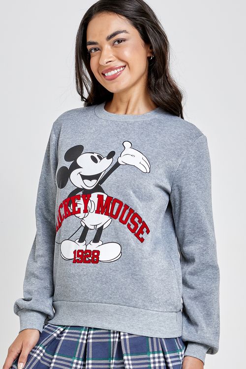 Moletom Feminino Caedu Mickey College Cinza Claro Conforto