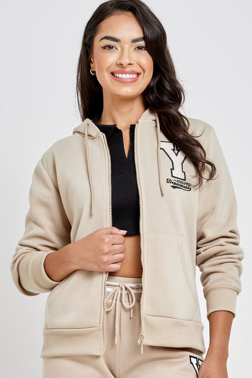Blusão Moletom Feminino com Bordado Bege Claro