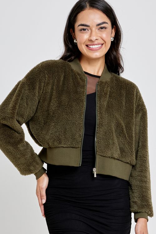 Blusão Moletom Feminino Bomber em Sherpa Verde Escuro