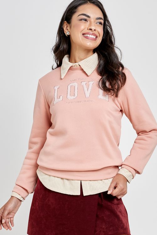 Blusão Moletom Feminino Bordado Rosa Claro