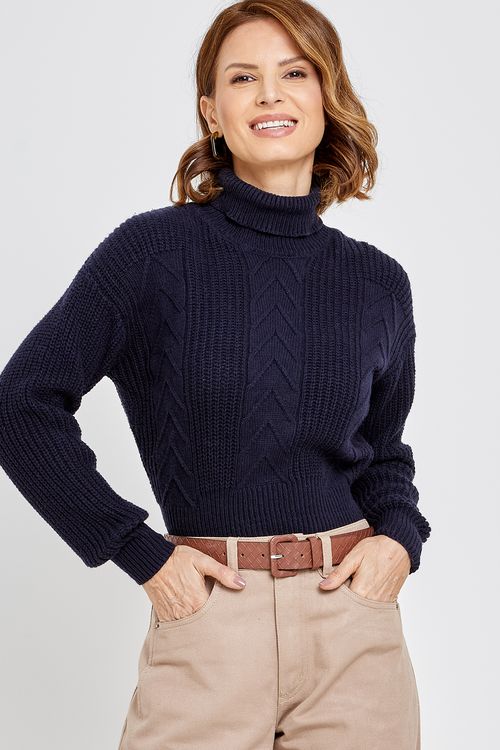 Suéter Feminino Manga Longa com Gola Alta Azul Escuro