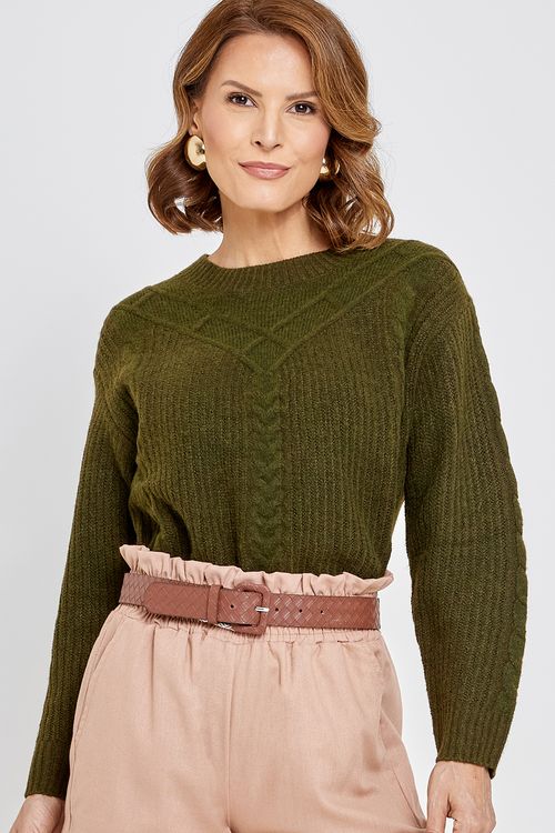 Suéter Feminino Manga Longa em Tricô Verde Escuro
