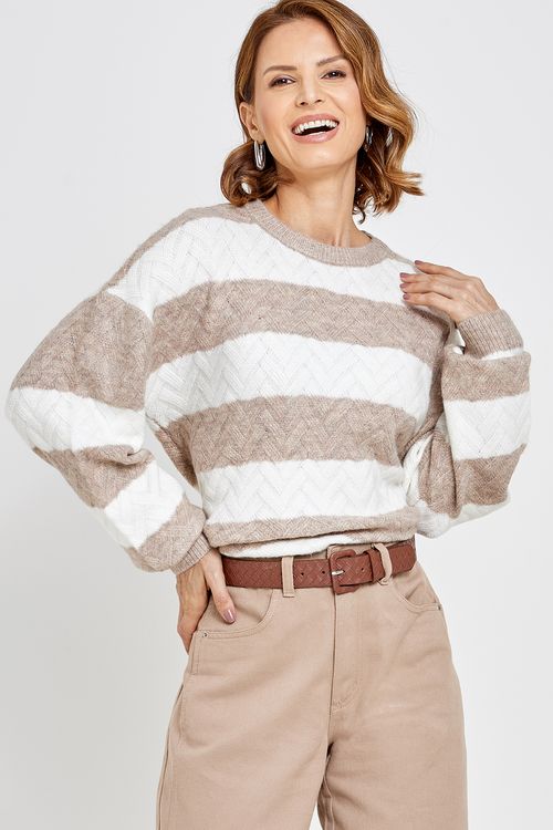 Suéter Feminino com Listras Bege e Branco