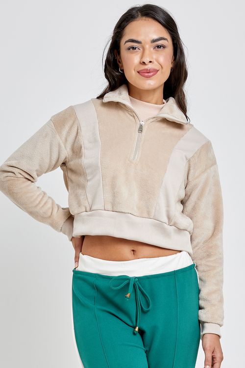 Cropped Moletom Feminino Peluciado Bege Caedu