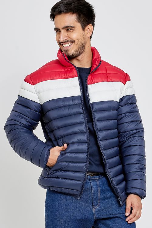 Jaqueta Puffer Masculina Vermelha Branca e Azul