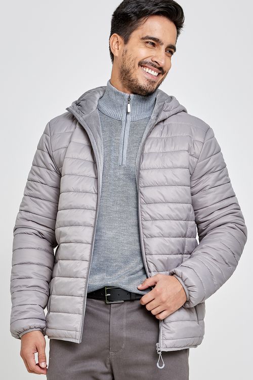 Jaqueta Puffer Masculina com Capuz Cinza