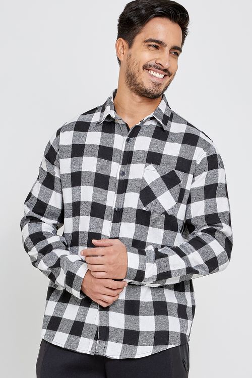 Camisa Masculina Manga Longa Flanelada Xadrez Preta e Branca