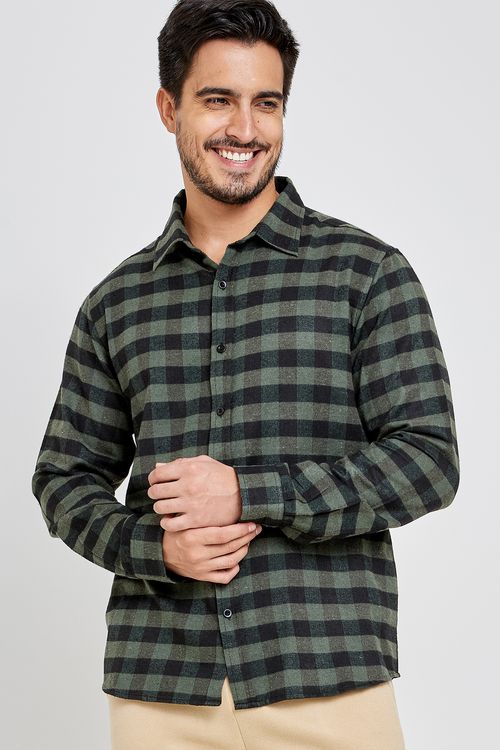 Camisa Masculina Caedu Flanela Xadrez Militar Verde