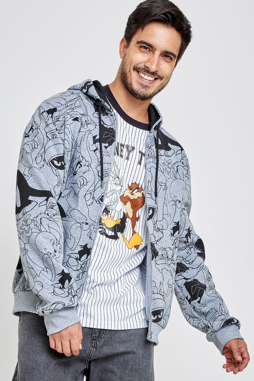 Blusão Moletom Masculino Looney Tunes Cinza Claro
