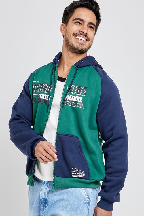 Blusão Moletom Masculino Aberto com Recorte Verde e Azul