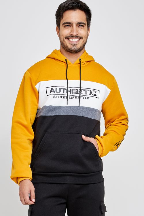 Moletom Masculino com Recortes Preto Mostarda e Branco