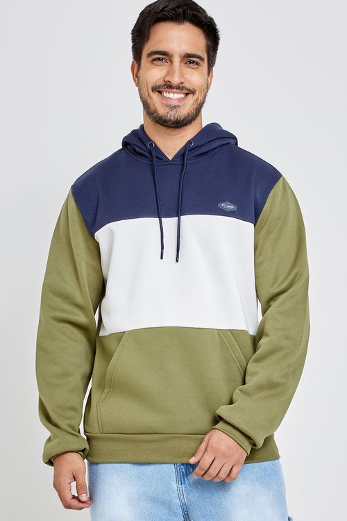 Moletom Masculino com Recorte Fechado Verde Branco e Azul
