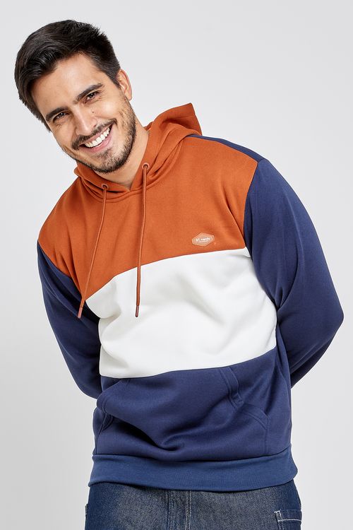 Moletom Masculino com Recorte Fechado Azul Branco e Caramelo