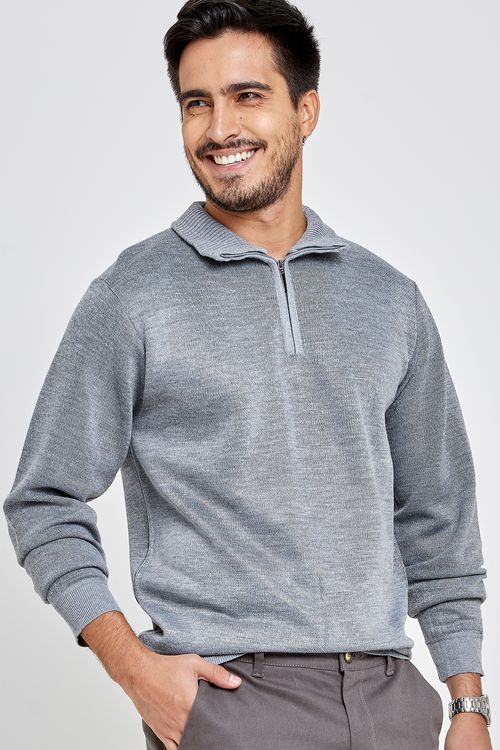 Suéter Masculino Liso com Zíper Cinza