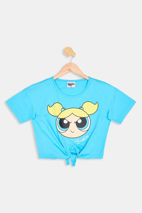 Blusa Juvenil Cropped Meninas Superpoderosas Bubbles Azul