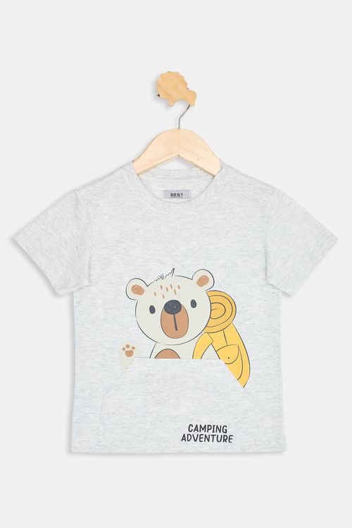 Camiseta Infantil Menino Urso Bolso Cinza Claro Caedu 1-3