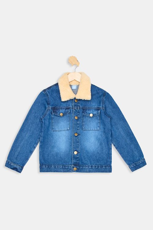 Jaqueta Jeans Infantil Meninos com Pelo Azul Médio Tam 4 a 8