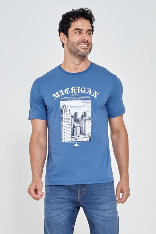 Camiseta Masculina Caedu Algodão Estampa Urbana Azul Médio