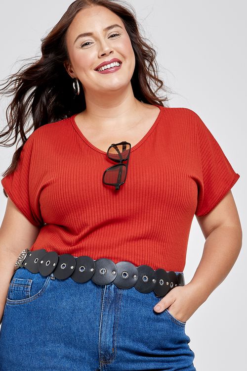 Blusa Feminina Caedu Ribana Decote V Fraldada Laranja Escuro