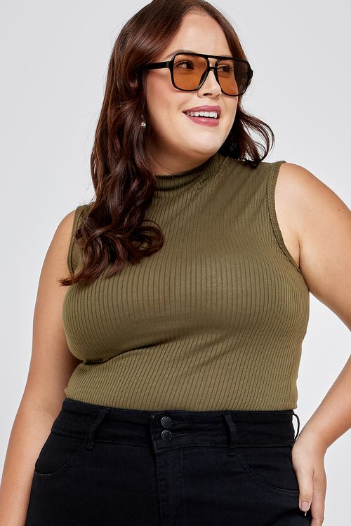 Blusa Feminina Caedu Gola Alta Sem Manga Verde Escuro