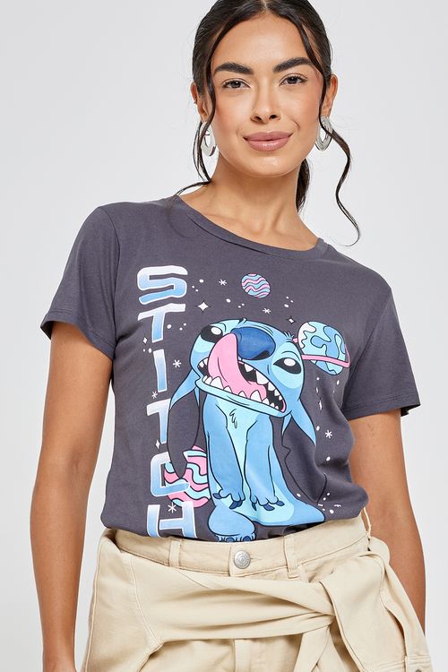 Camiseta fem prom li stitch planetas cinza escuro