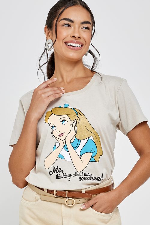 Camiseta fem prom lic alice wonder bege medio