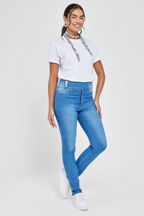 Calça Jeans Feminina Skinny Caedu Cós 3 Botões Azul Médio