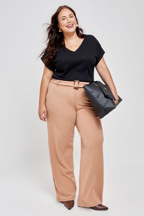 Calça Pantalona Feminina Casual Caedu Cinto Bege Médio