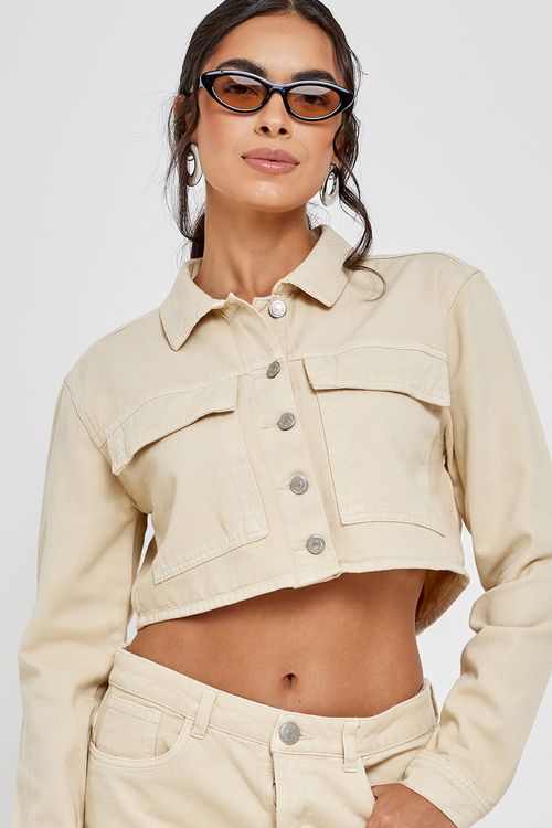 Jaqueta Cropped Feminina Bege Claro