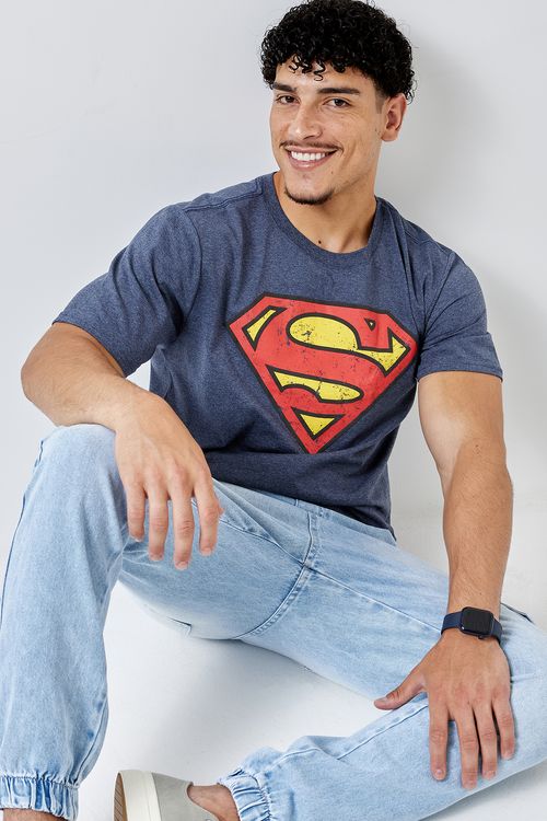 Camiseta Masculina Super-Homem Manga Curta Azul Escuro