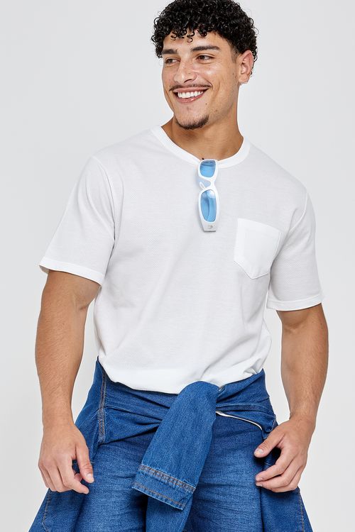 Camiseta Masculina Caedu Branca Algodão Bolso Casual
