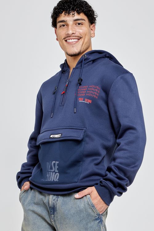 Moletom Masculino com Capuz e Bolso Estampado Azul Escuro