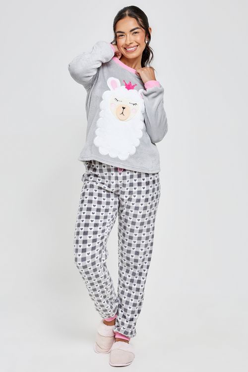 Ling pro lbj049 pijama ml coral lhama cinza claro