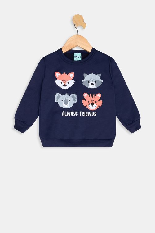Blusão Infantil Meninos Bichinhos Gola Careca Azul Escuro Tam 1 a 3