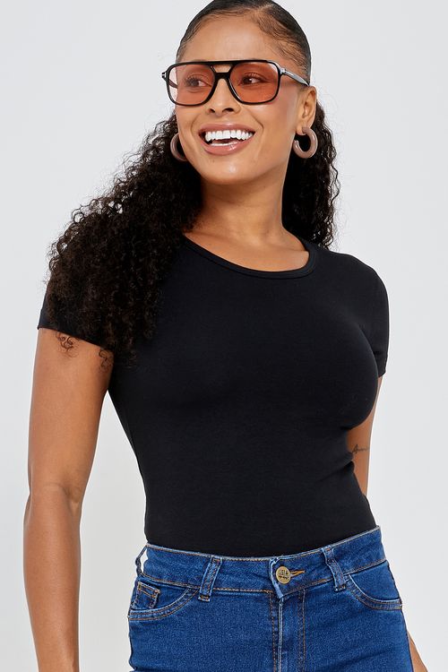 Blusa Feminina Caedu Cotton Preta Básica Manga Curta