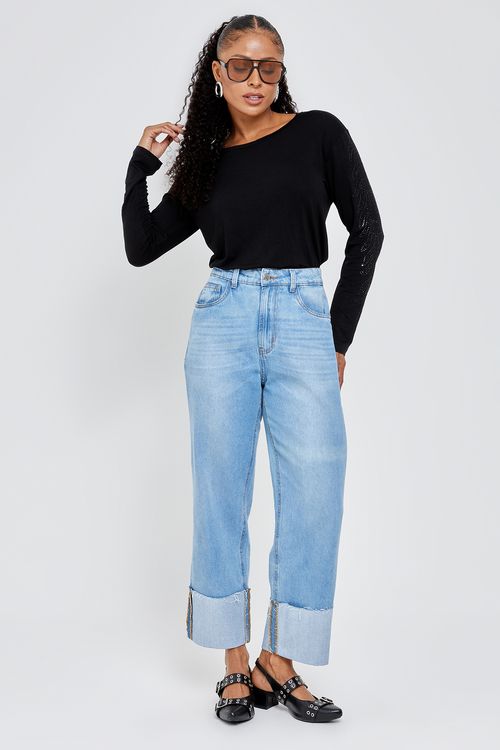 Calca fem rom barra virada reta jns jeans azul medio