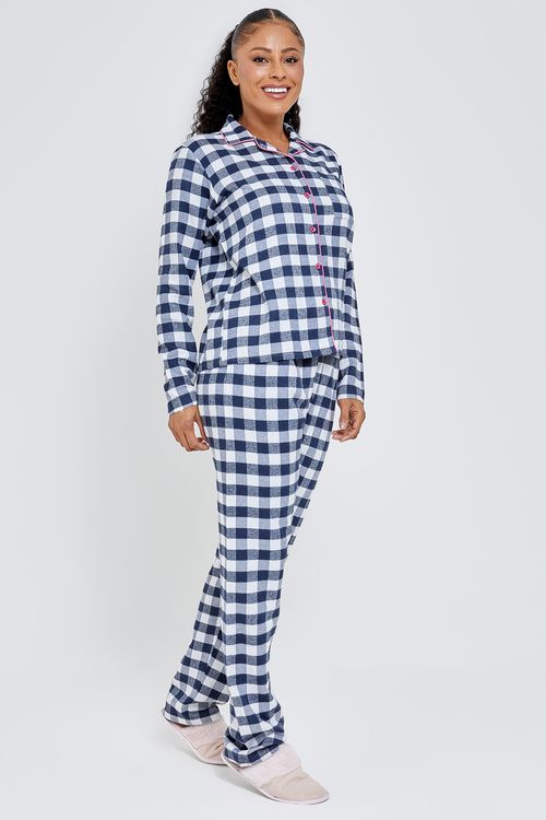 Ling jov lfj027 pijama ml flanela vichy azul escuro