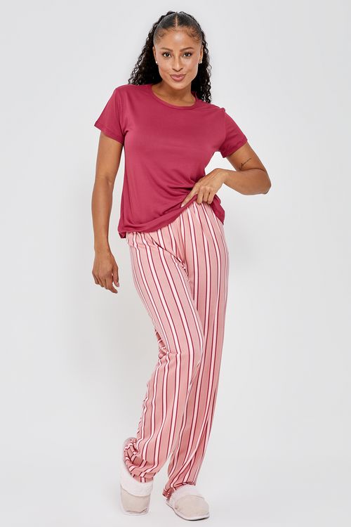 Ling pro lbj015 pijama mc poly listras v vermelho escuro
