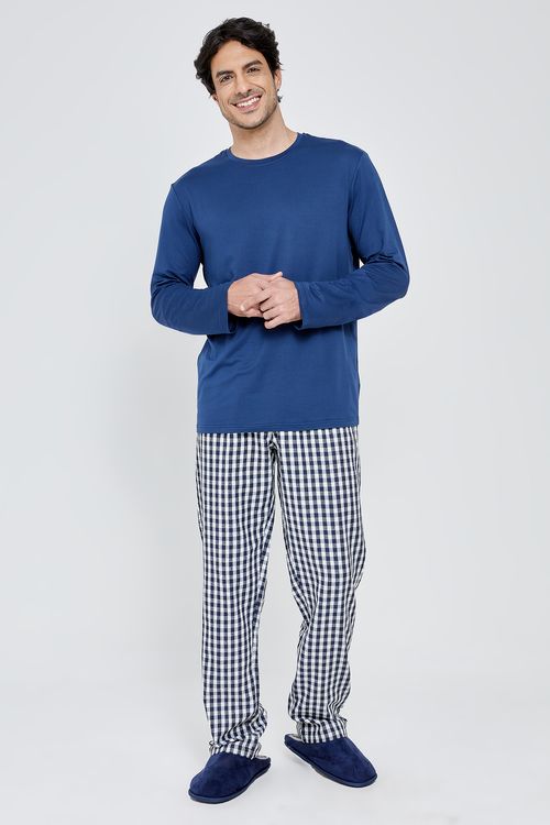 Pijama aces masc amj021 flanela ml xadre azul escuro