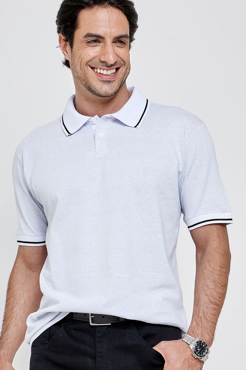 Polo Masculina Caedu Piquet Branca Gola e Manga Preta