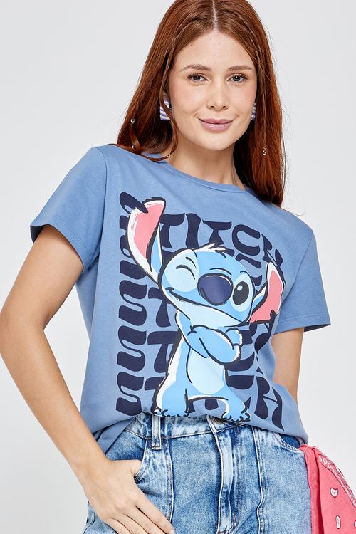 Camiseta fem prom lic stitch pose azul medio