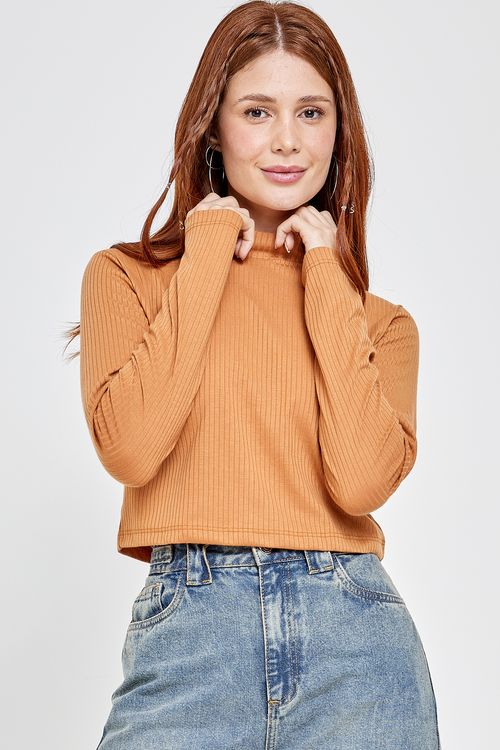 Blusa Cropped Feminina Ribana Bege Médio Caedu