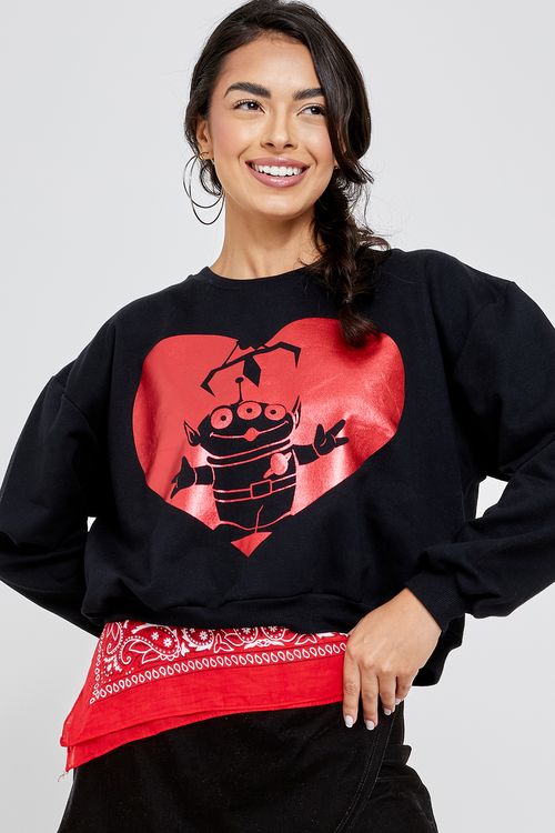 Moletom Cropped Feminino Preto Alien Toy Story Coração Brilhante